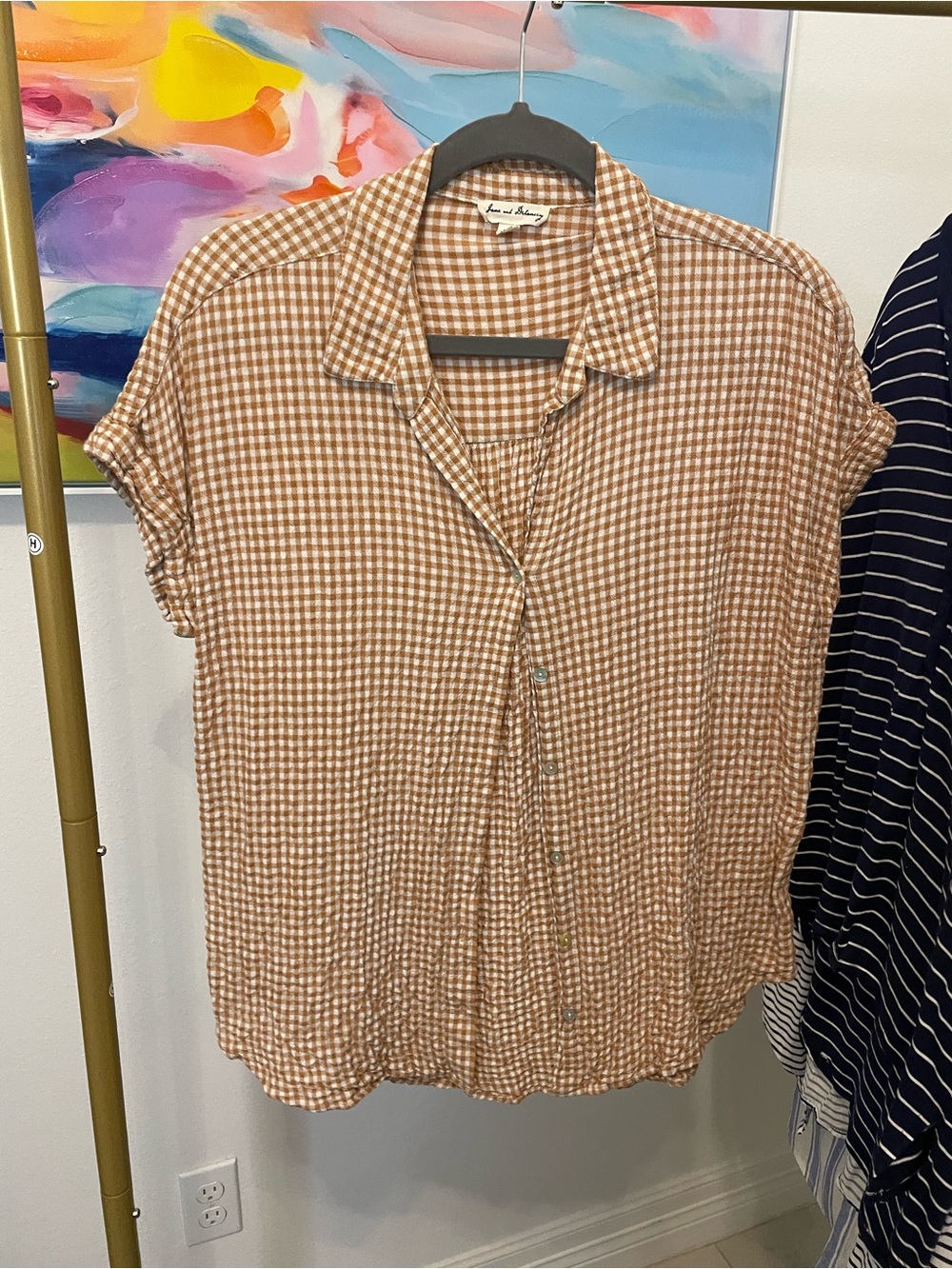 Jane and Delancey Tan Gingham Button-Down Shirt Medium cottage country boho